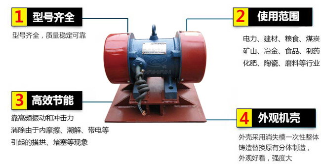 lzf倉壁振動器：1，型號齊全：型號齊全，質(zhì)量穩(wěn)定可靠。2，適用范圍：電力，建材，糧食，煤炭，礦山，冶金，食品，制藥，化肥，陶瓷，磨料等行業(yè)。3，高效：靠高頻振動和沖擊力消除由于內(nèi)摩擦，潮解，帶電等引起的塔供，堵塞等現(xiàn)象。4，外觀機殼：外殼采用消失模一次性整體鑄造替換原有分體制造，外觀好看，強度大。