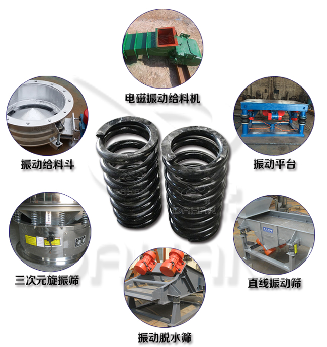 旋振篩減震彈簧適用產(chǎn)品：振動(dòng)給料機(jī)，電磁振動(dòng)給料機(jī)，振動(dòng)平臺(tái)，直線振動(dòng)篩，振動(dòng)脫水篩，三次元旋振篩。