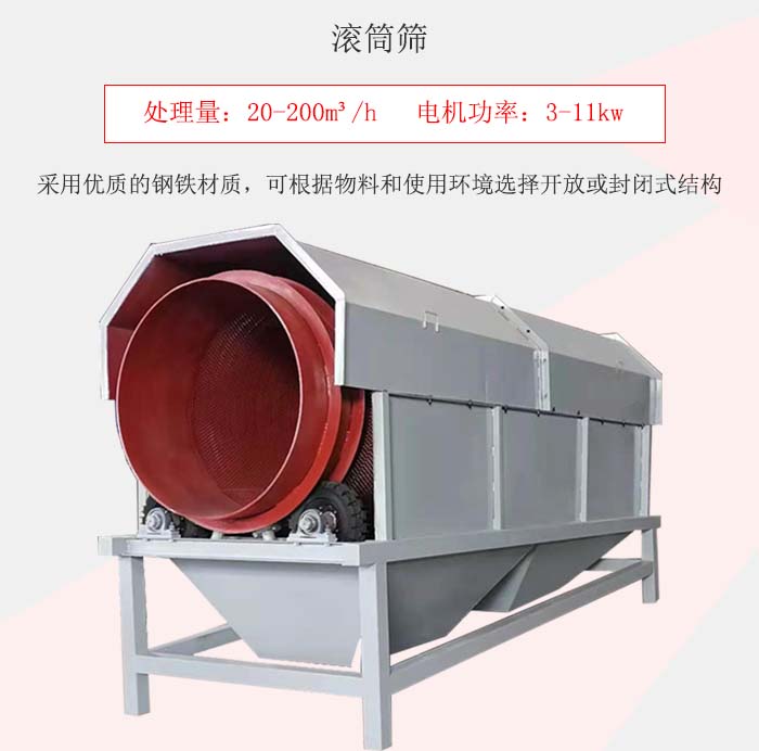 滾筒篩采用優(yōu)質(zhì)的鋼鐵材質(zhì)，可根據(jù)物料和使用環(huán)境選擇開放或封閉式結(jié)構(gòu)
