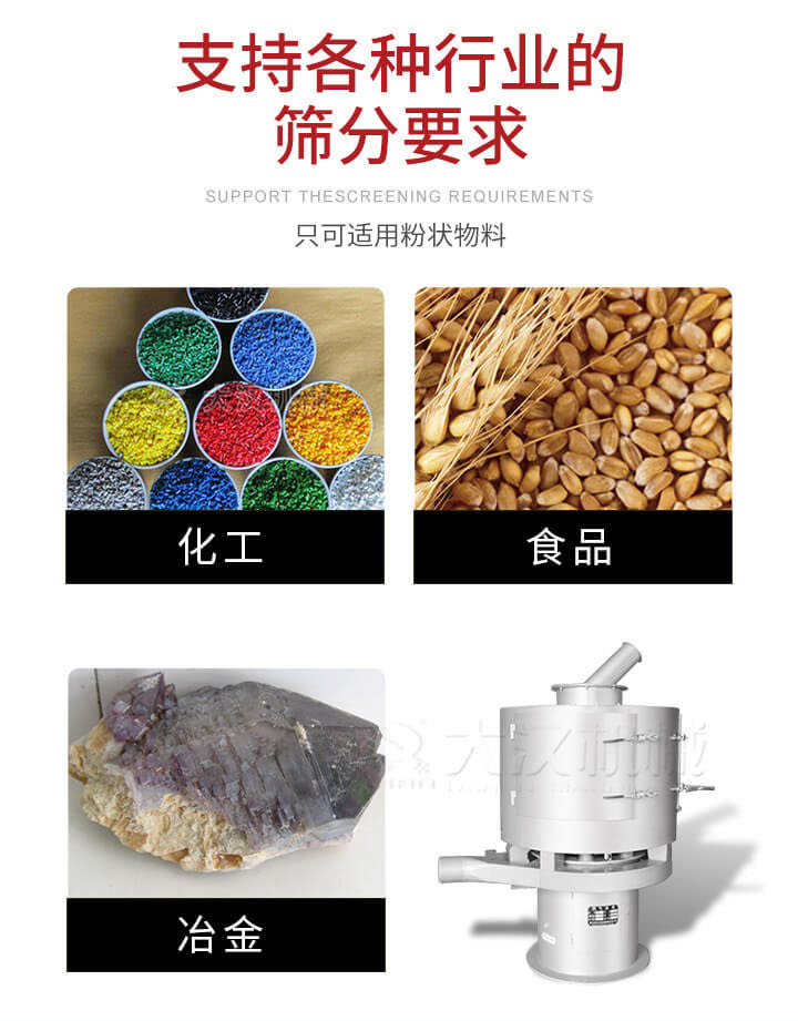 氣流篩用于礦粉，石墨粉，活性納米碳酸鈣，鋁灰，大豆粉，碳酸重鈣，石墨粉，木粉，干草，重金石粉，藥粉末，橡膠顆粒，草酸鹽，干料粉，木粉，聚酯粉，干粉，塑料，金屬粉末，橡膠粉，粉煤灰，石墨粉，陶瓷粉，鋅粉，石英粉，石灰粉，鐵粉，金屬硅粉等。