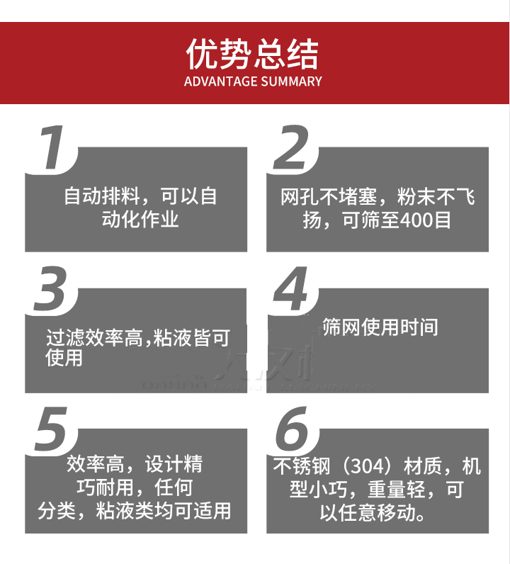 過(guò)濾篩優(yōu)勢(shì)總結(jié)：1，自動(dòng)排料，可以自動(dòng)化作用。2，網(wǎng)孔不堵塞，粉塵不飛揚(yáng)，可篩至400目。3，過(guò)濾效率高，任何粒，粉，粘液也可使用。4，篩網(wǎng)設(shè)計(jì)大大提高了篩網(wǎng)使用時(shí)間，也魏換網(wǎng)提高了方便。5，效率高，設(shè)計(jì)精巧耐用，任何分類設(shè)計(jì)精巧耐用，任何分類，粘液類均可適用。6，不銹鋼材質(zhì)機(jī)型小巧，重量輕，可以任意移動(dòng)。