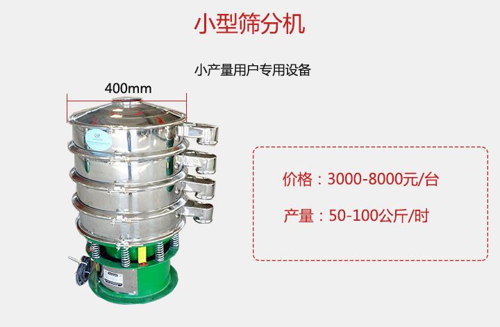 小型篩分機產(chǎn)量可達(dá)100公斤/時，價格3000元起。
