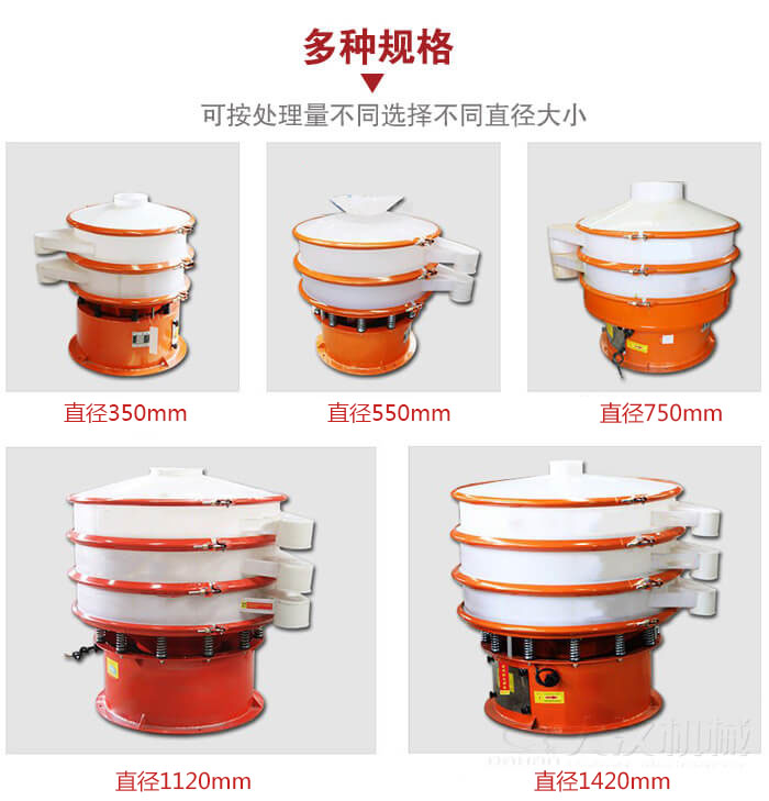 塑料振動篩不同篩分直徑進(jìn)行展示：350，550，750，1120，1420等。
