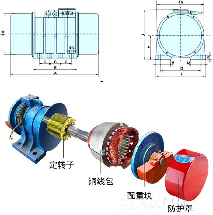 ZFB倉壁振動器外形尺寸字母代表：A為整機(jī)長度F為整機(jī)寬度B為主機(jī)寬度等。結(jié)構(gòu)：定轉(zhuǎn)子，銅線包，配重塊，防護(hù)罩等。