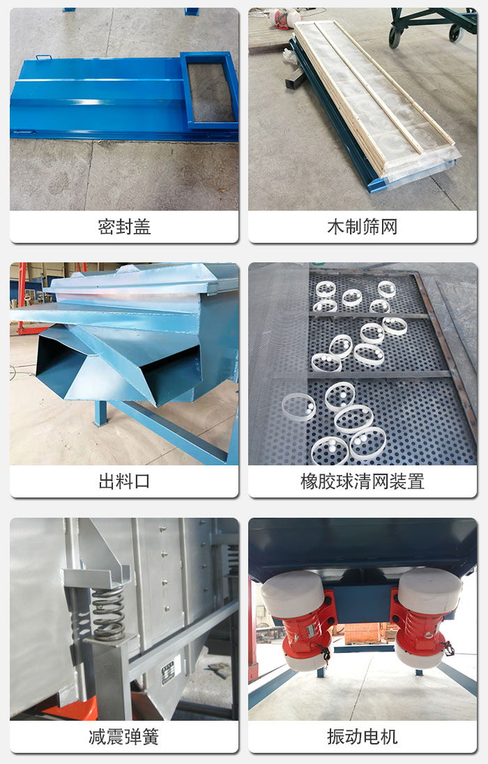 直線篩結(jié)構(gòu)展示：篩網(wǎng)，篩箱，振動電機，振動電機座，減震彈簧，支架等部件展示圖