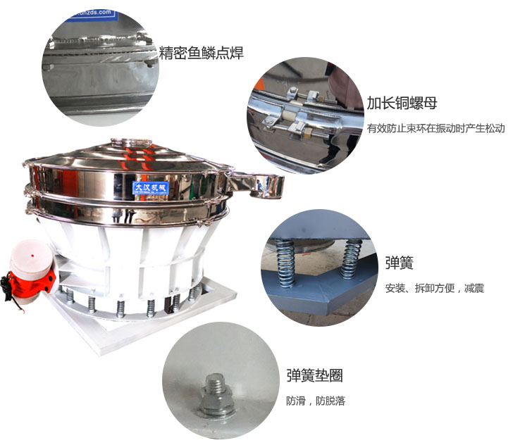1500直排篩細(xì)節(jié)展示：彈簧，彈簧墊圈，加長銅螺母。