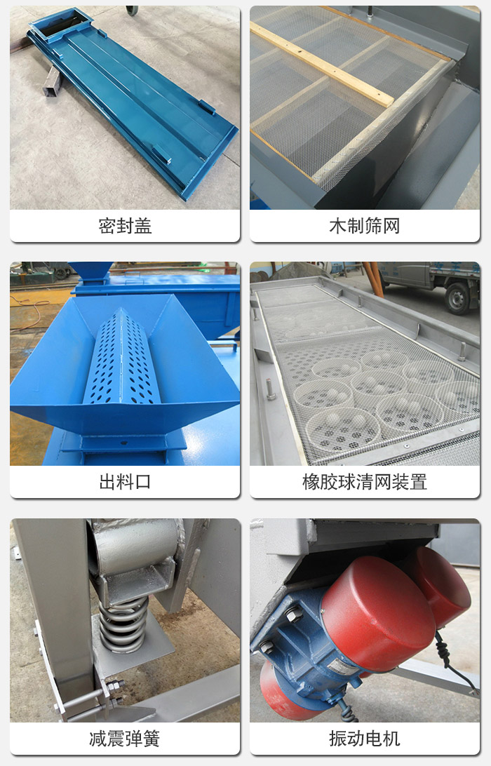 直線篩分機的結(jié)構(gòu)展示圖：篩箱是物料主要篩分設(shè)備之一，篩網(wǎng)用于篩分物料，振動電機幫助篩網(wǎng)篩分。