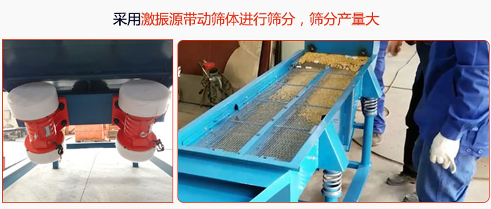 采用激振源帶動篩體進(jìn)行篩分，篩分產(chǎn)量大。