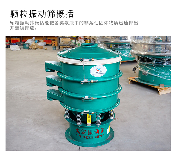 顆粒式振動篩是針對顆粒狀物料進行研發(fā)的，由于顆粒的形狀有很多的不同所以，廠家在清網(wǎng)裝置方面進行提升效率。