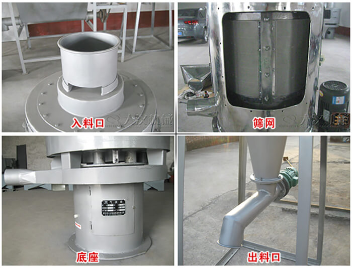 氣流篩部件展示：入料口，篩網(wǎng)，底座，出料口等。