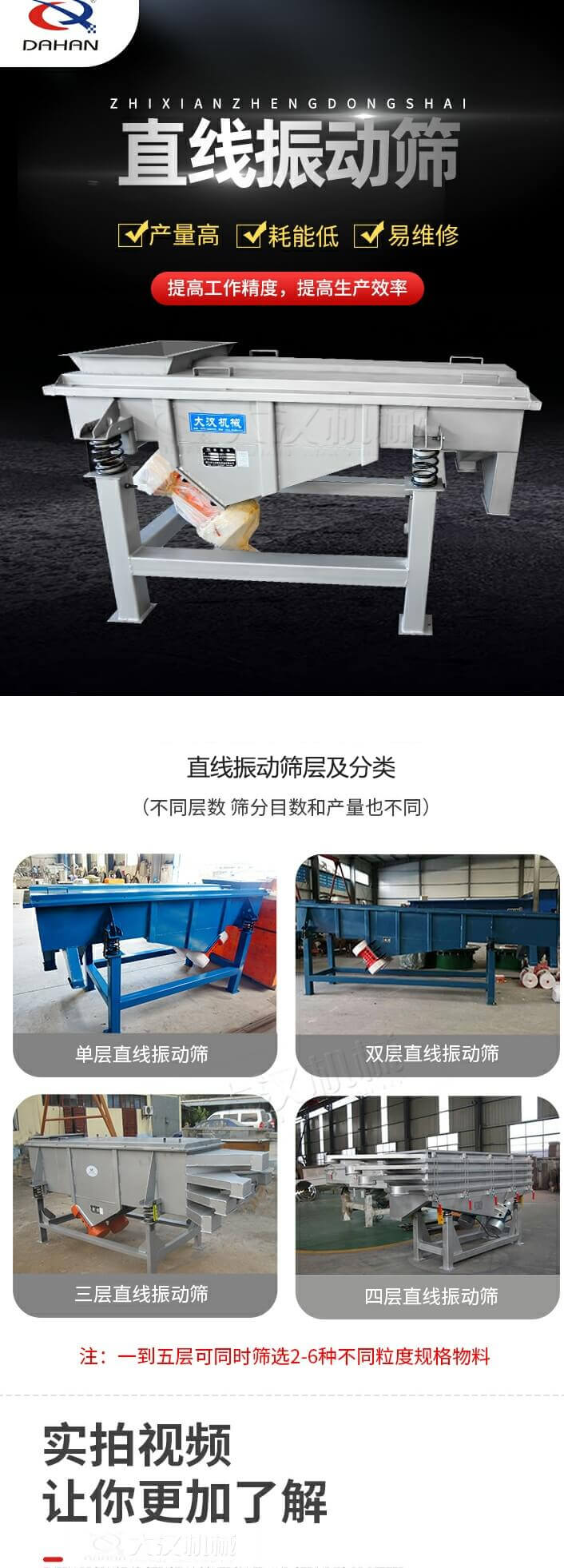直線振動篩概述，產(chǎn)量高，耗能低，易維修，提高工作精度，提高生產(chǎn)效率，直線振動篩層級分類：不同層數(shù)，篩分目數(shù)和產(chǎn)量也不同：單層，雙層，三層，四層等。