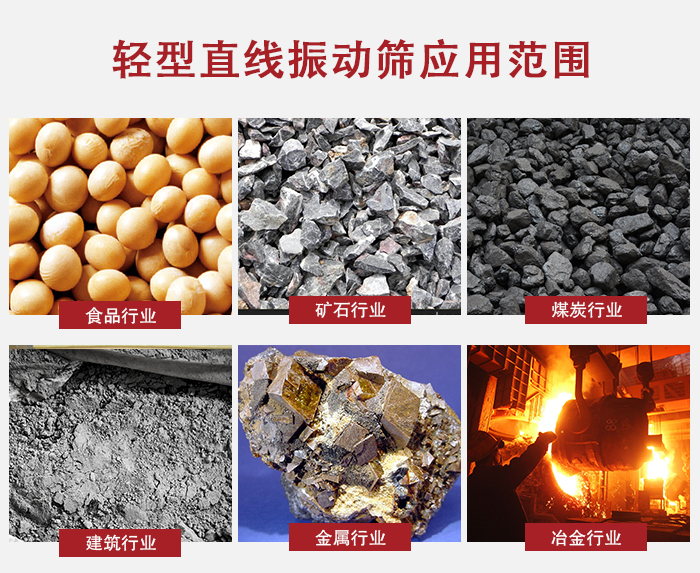 輕型直線振動篩應(yīng)用范圍較廣多使用與顆粒狀，粉狀以及其它重型行業(yè)的輸送。