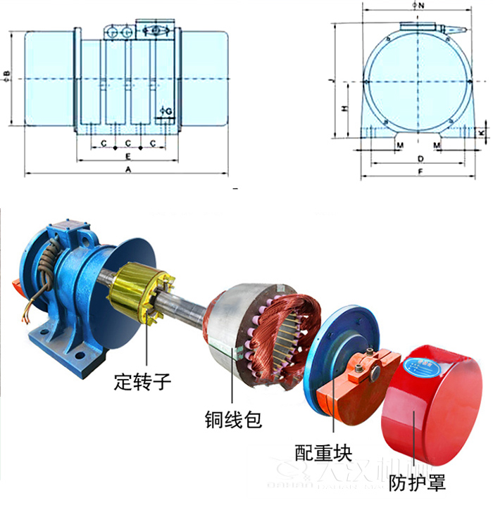 YZS振動電機內(nèi)部主要部件：定轉(zhuǎn)子，銅線包，配重塊，防護罩。