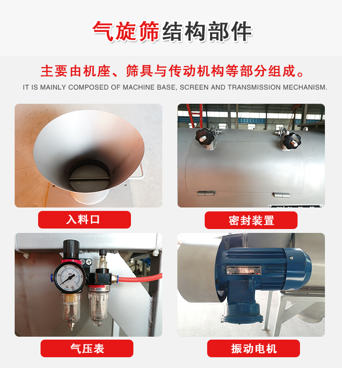 氣旋篩結(jié)構(gòu)：入料口，密封裝置，電機，氣壓表等