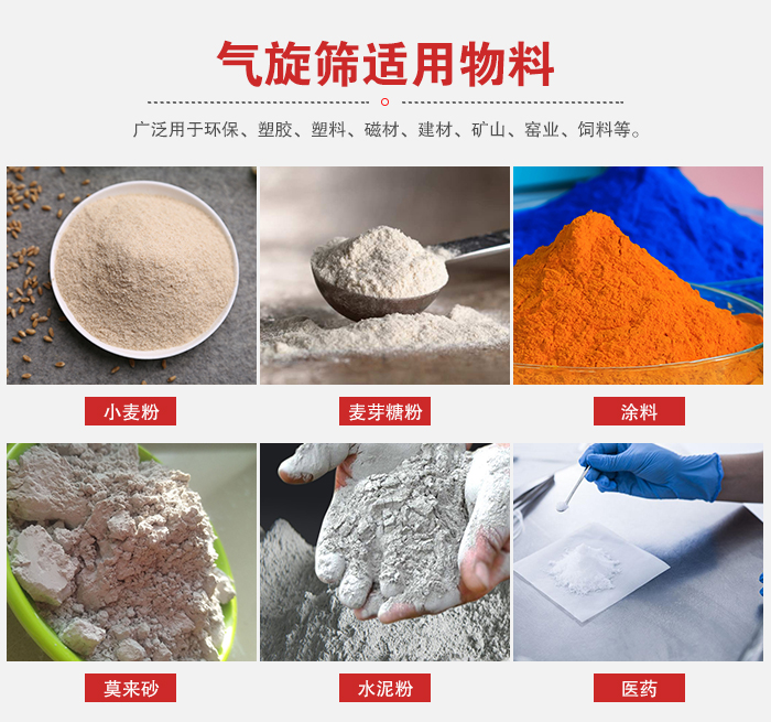 氣旋篩適用物料：小麥粉，麥芽糖粉，涂料，等粉狀物料。
