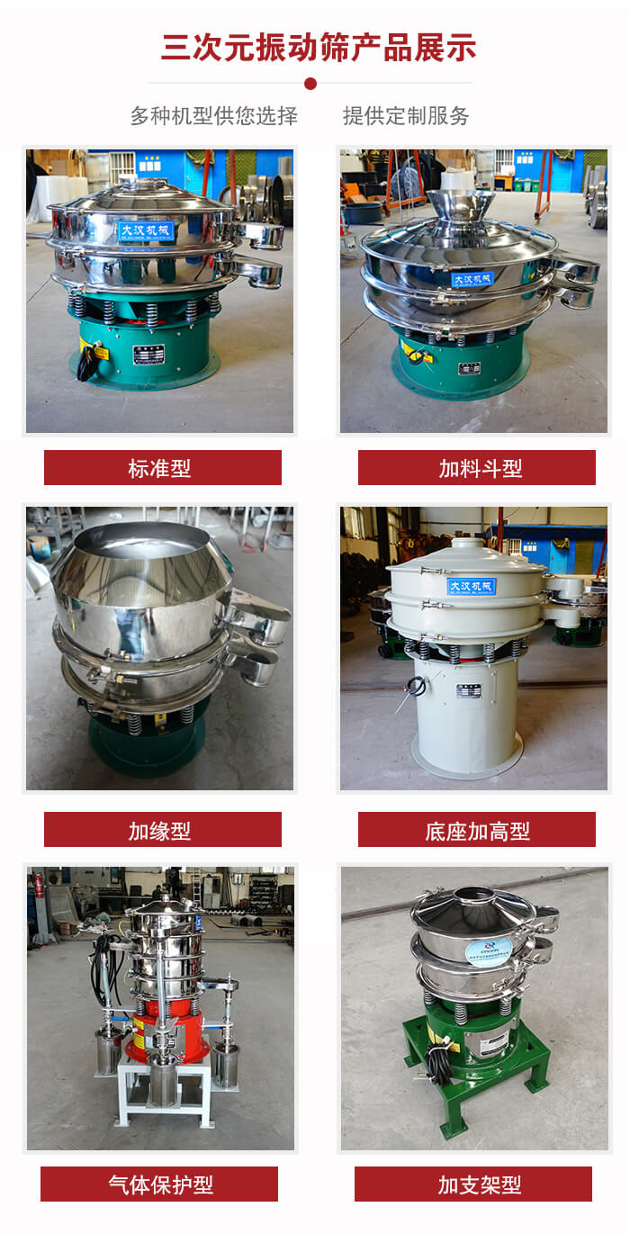 三次元振動篩不同結(jié)構(gòu)展示：標準型，加料斗型，加緣型，底座加高型，氣體保護型，加支架型。